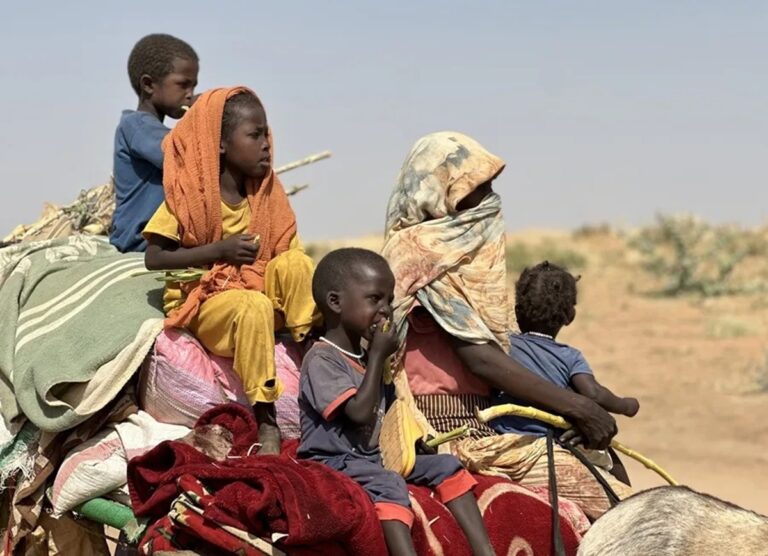 En la foto, desplazados sudaneses avanzan desde el campamento de Zamzam camp hasta Tawila Camps
