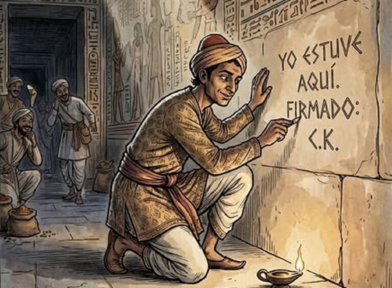 En la foto, un dibujo de IA en el que se ve a Cikai Korran grabando su nombre en una tumba egipcia