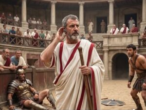 En la foto, una imagen de IA de un árbitro de un combate de gladiadores