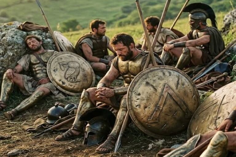 En la foto, una imagen de IA donde se ven soldados tomando un descanso en la batalla de Platea