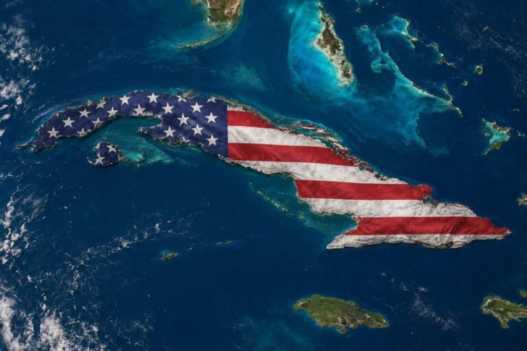 En la foto, la isla de Cuba con una bandera de EEUU