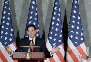 En la foto, el secretario de Estado de EE.UU., Marco Rubio, en una rueda de prensa en la Hyderabad House de Nueva Delhi