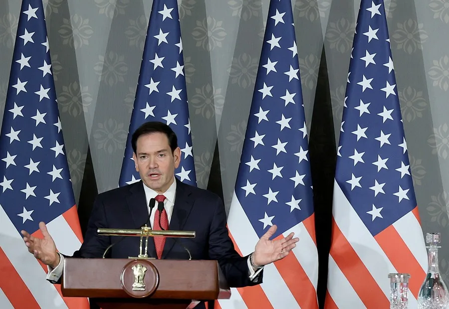 En la foto, el secretario de Estado de EE.UU., Marco Rubio, en una rueda de prensa en la Hyderabad House de Nueva Delhi