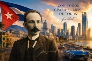 En la foto, una imagen de IA con Martí y la Cuba del futuro