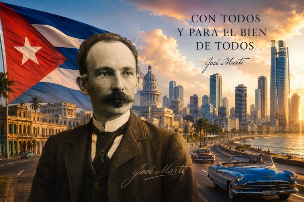 En la foto, una imagen de IA donde se ve a Martí y la Cuba del futuro