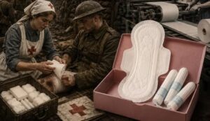En la foto, una enfermera, un militar y compresas