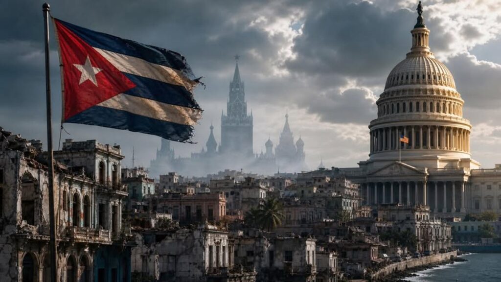 En la foto, una bandera cubana, el Capitolio y el Krenlim