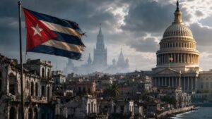 En la foto, una bandera cubana, el Capitolio y el Krenlim