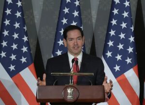 En la foto, el secretario de Estado de Estados Unidos, Marco Rubio, en una conferencia de prensa en Nueva Delhi (India)
