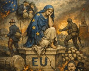 En la foto, una imagen de IA que muestra a la UE en problemas