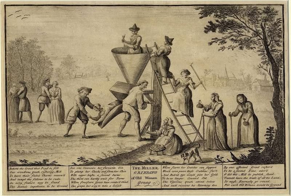 El molino de rejuvenecer: la fantasía masculina que el siglo XVII sí se atrevió a dibujar 1 En la foto, un grabado del siglo XVII de un molino de rejuvenecimiento