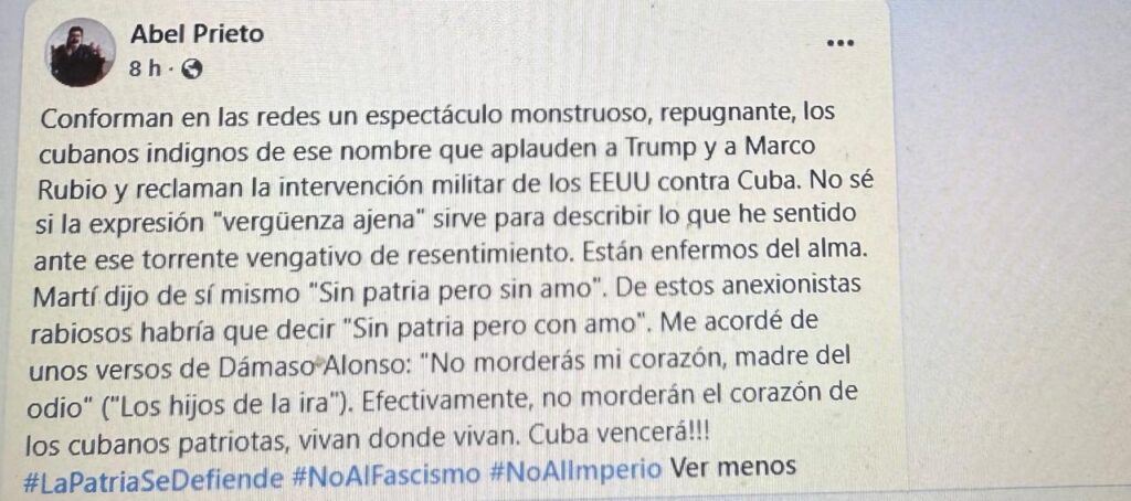 Abel Prieto arremete contra cubanos que apoyan sanciones e intervención en Cuba