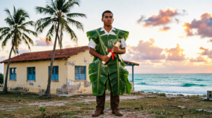En la foto, una imagen de IA de un bachiller cubano con una toga hecha de hojas de plátano