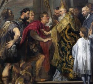 En la foto, la pintura San Ambrosio prohibiendo la entrada a Teodosio I en la Catedral de Milán, de Anthony van Dyck