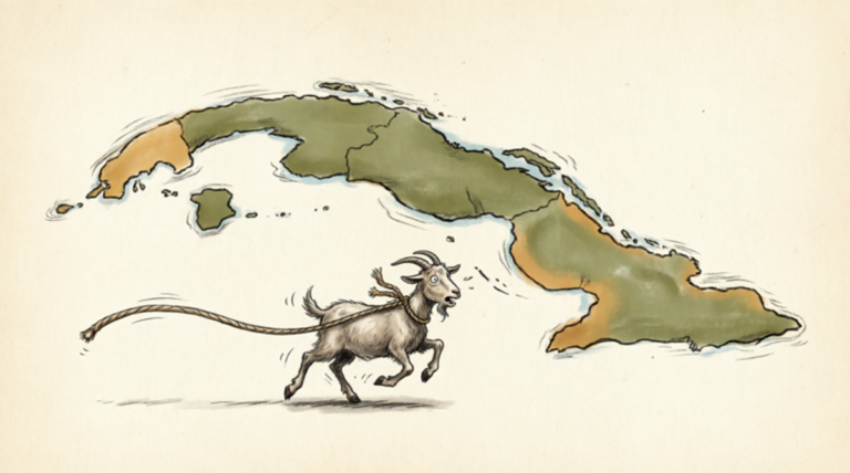 En la foto, un mapa de Cuba y una cabra con una soga al cuello