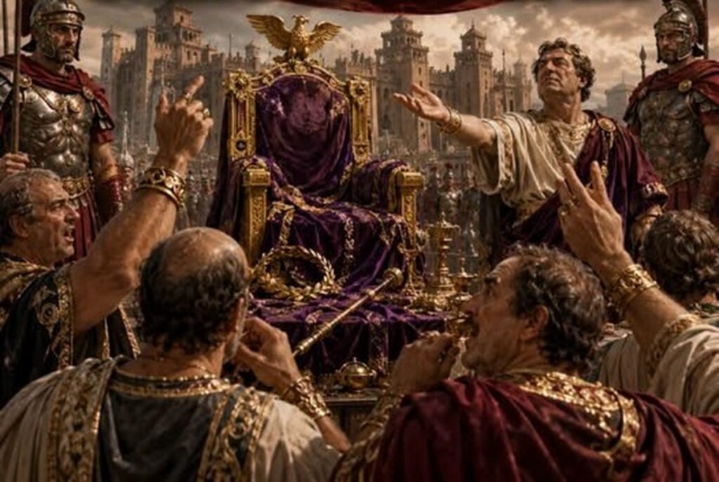 En la foto, una imagen de IA sobre la subasta del trono imperial
