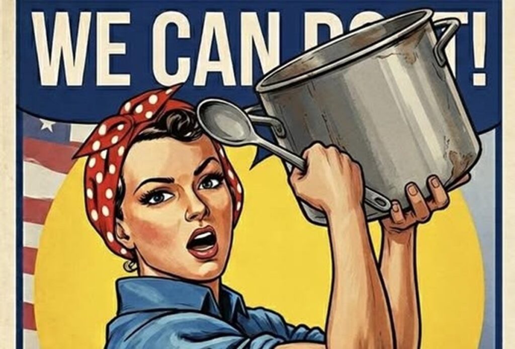 En la foto, un dibujo de una mujer tocando cazuela