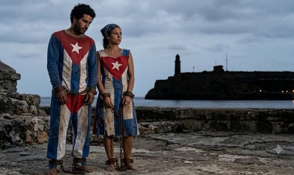 En la foto, dos cubanos vestidos con la bandera y encadenados