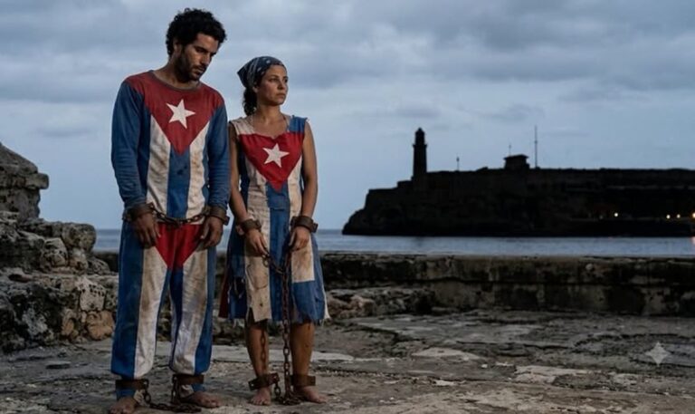 En la foto, dos cubanos vestidos con la bandera y encadenados