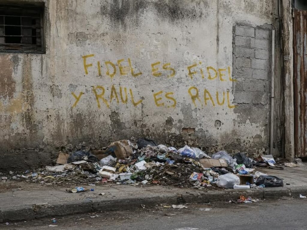 Las palabras del poder absoluto 2 En la foto, un basurero en Cuba con una frase de moda para el castrismo detrás