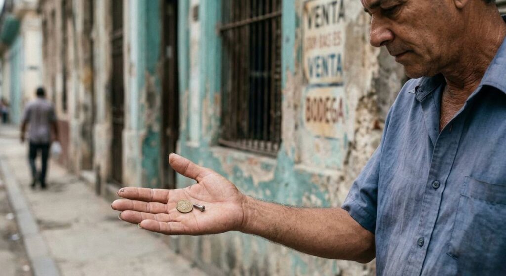 En la foto, un hombre con un peso cubano en la mano
