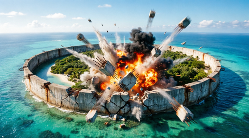 En la foto, una imagen de IA donde se ve una isla bloqueada que explota desde adentro