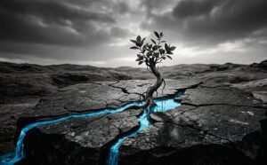 En la foto, un árbol renace en un paisaje medio gris y desértico