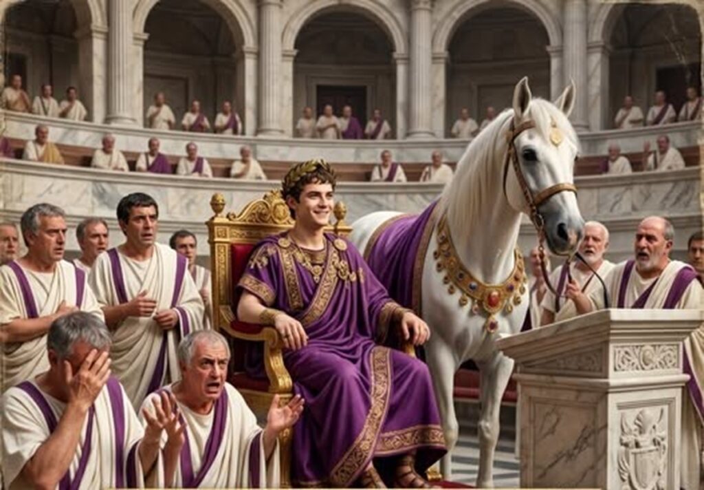 En la foto, Incitatus junto a Calígula en el Senado romano