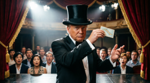 En la foto, una imagen de IA donde aparece Trump como mago