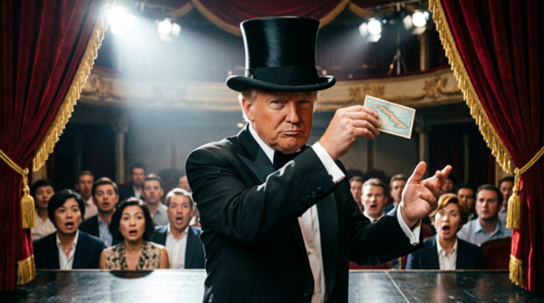 En la foto, una imagen de IA donde aparece Trump como mago