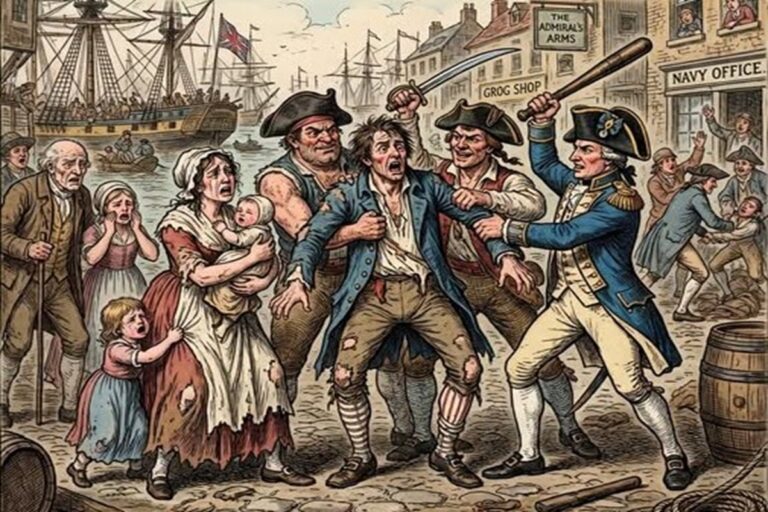 En la foto, una imagen de IA que refleja como se reclutaba a los marineros de la Marina Real Británica