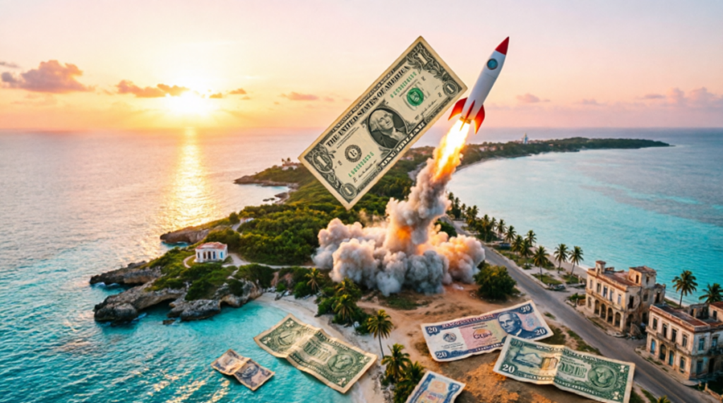 En la foto, una imagen de IA que representa la subida acelerada del dólar en Cuba