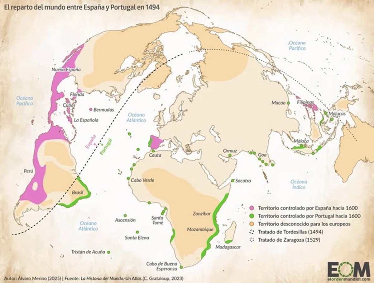 El Tratado de Tordesillas: el día que el mundo fue partido en dos 1 En la foto, mapa del mundo y la supuesta línea que se trazó en Tordesillas