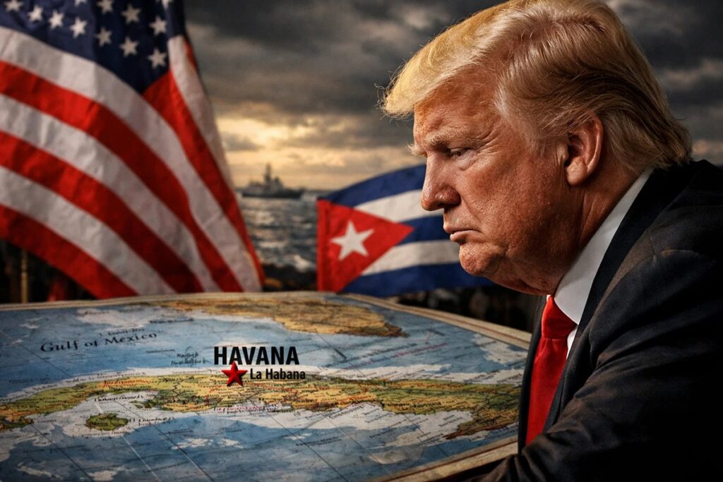 En la foto, Trump, el mapa de Cuba y las banderas cubana y estadounidense