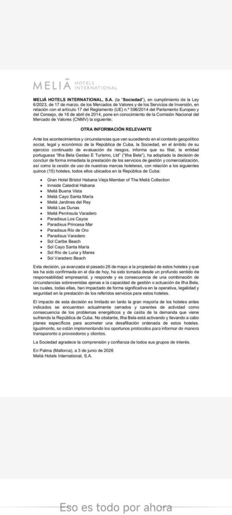 Meliá se despide definitivamente de Cuba
