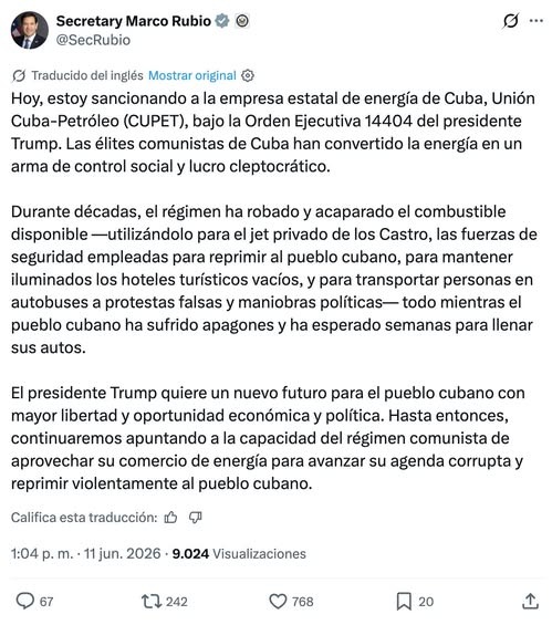 EE.UU. sanciona a estatal cubana CUPET y acusa al régimen de usar energía como arma de control