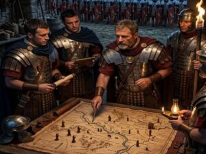 En la foto, generales romanos analizan un mapa antes de la batalla de Forum Gallorum