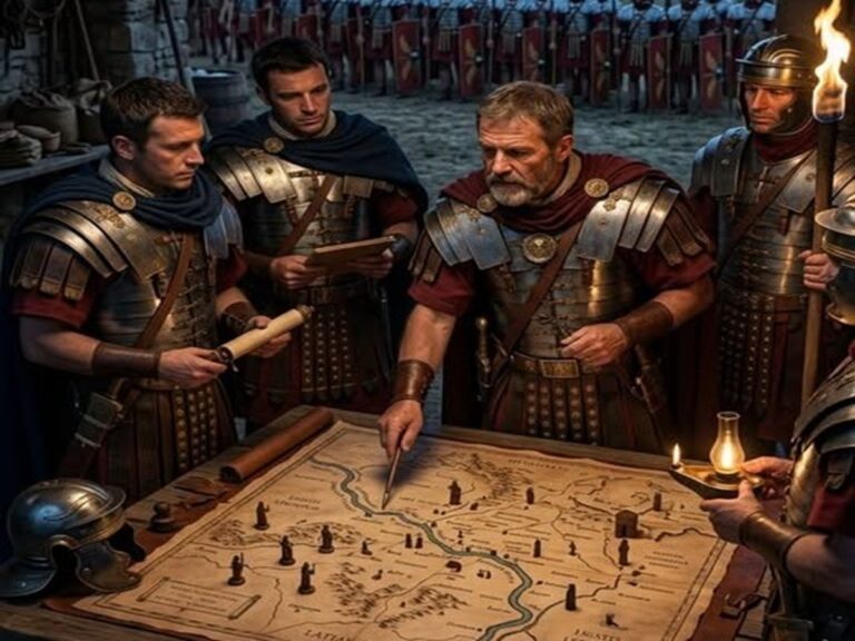 En la foto, generales romanos analizan un mapa antes de la batalla de Forum Gallorum