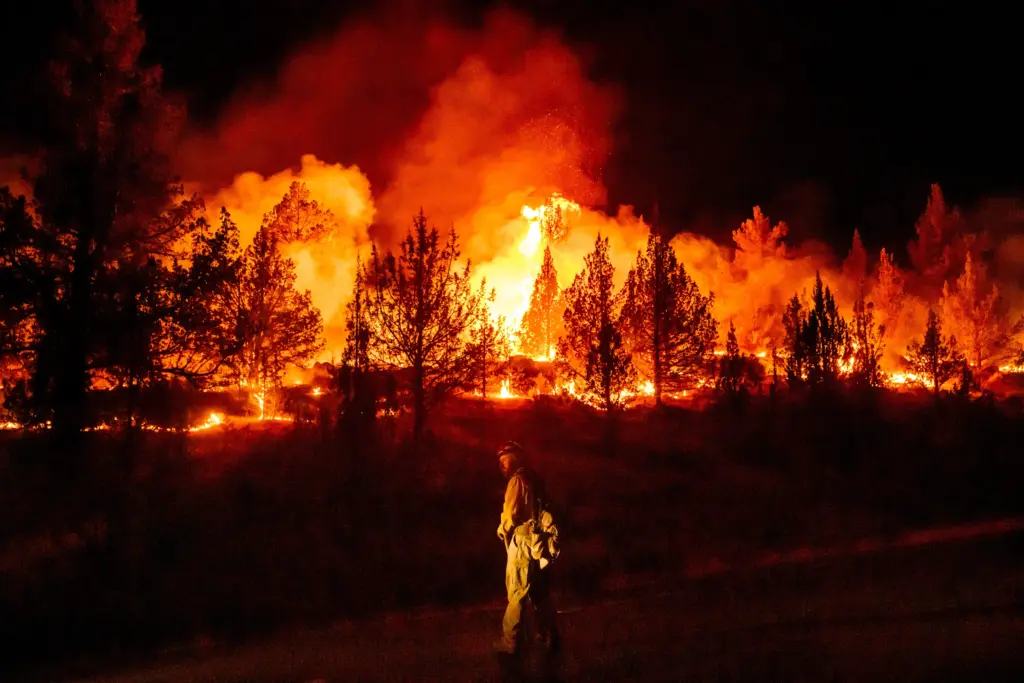 En la foto, un bombero vigila un incendio en Oregon, Estados Unidos