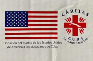 En la foto, letrero en el envase de la ayuda humanitaria de EEUU a Cuba