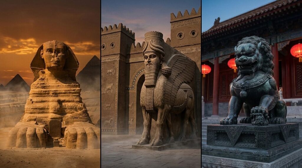 En la foto, La Esfingue, el Lamassu y los tres leones chinos