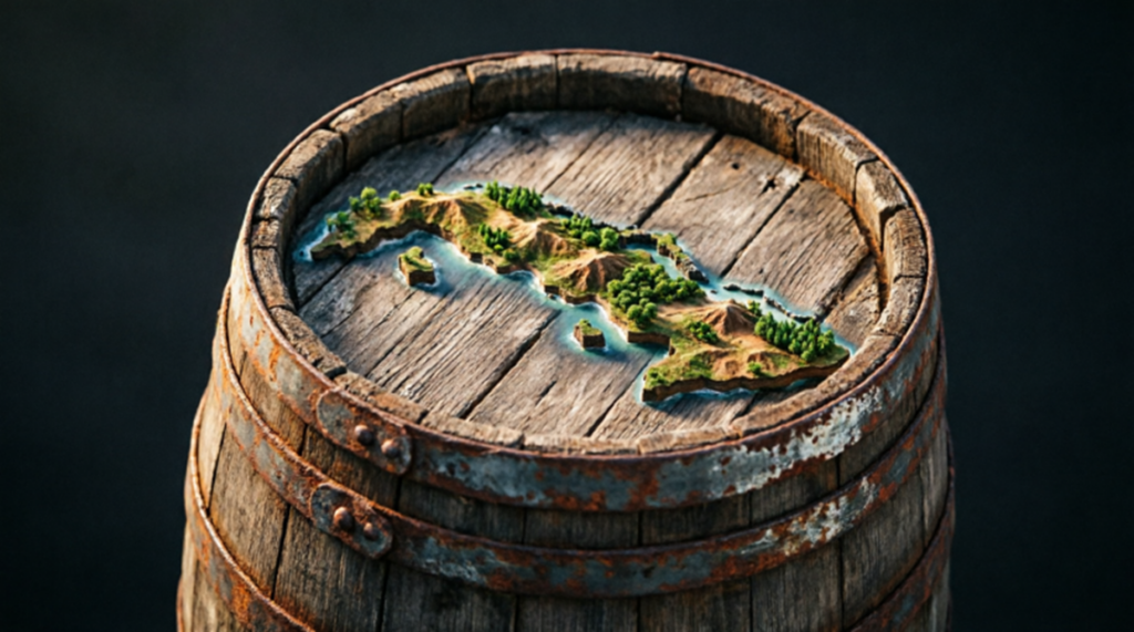 En la foto, la isla de Cuba dentro de un barril de madera