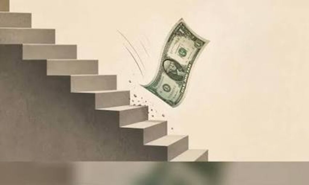 En la foto, un billete de a dólar cayendo por una escalera