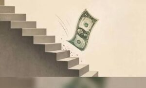 En la foto, un billete de a dólar cayendo por una escalera
