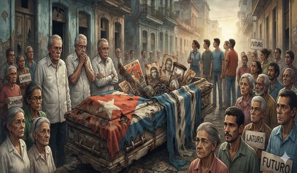 En la foto, una imagen de IA que representa el entierro de la revolución