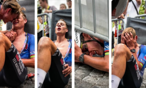 En la foto, Mathieu van der Poel se 'rompe' tras ganar la última etapa del Tour de Francia