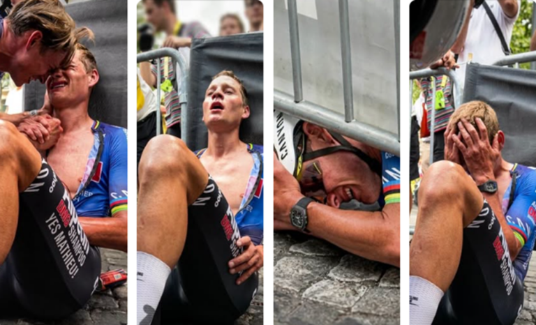 En la foto, Mathieu van der Poel se 'rompe' tras ganar la última etapa del Tour de Francia