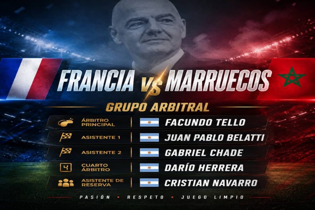 El manual argentino para ganar Mundiales 2 En la foto, cuerpo arbitral del Francia-Marruecos