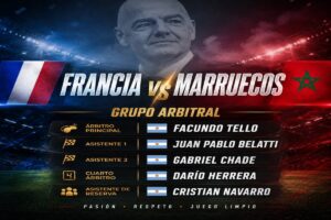 En la foto, cuerpo arbitral del Francia-Marruecos