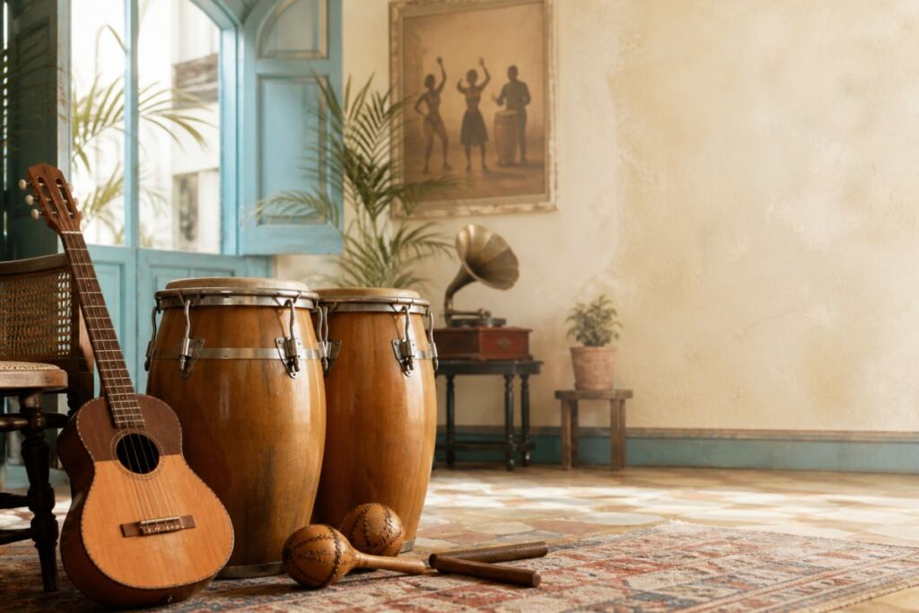 10 ritmos cubanos que influyeron en el mundo 2 Instrumentos cubanos junto a congas en una habitación luminosa